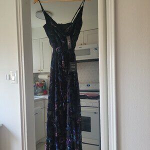 Dark Multi-Colored Velvet Floral Print Long Dress